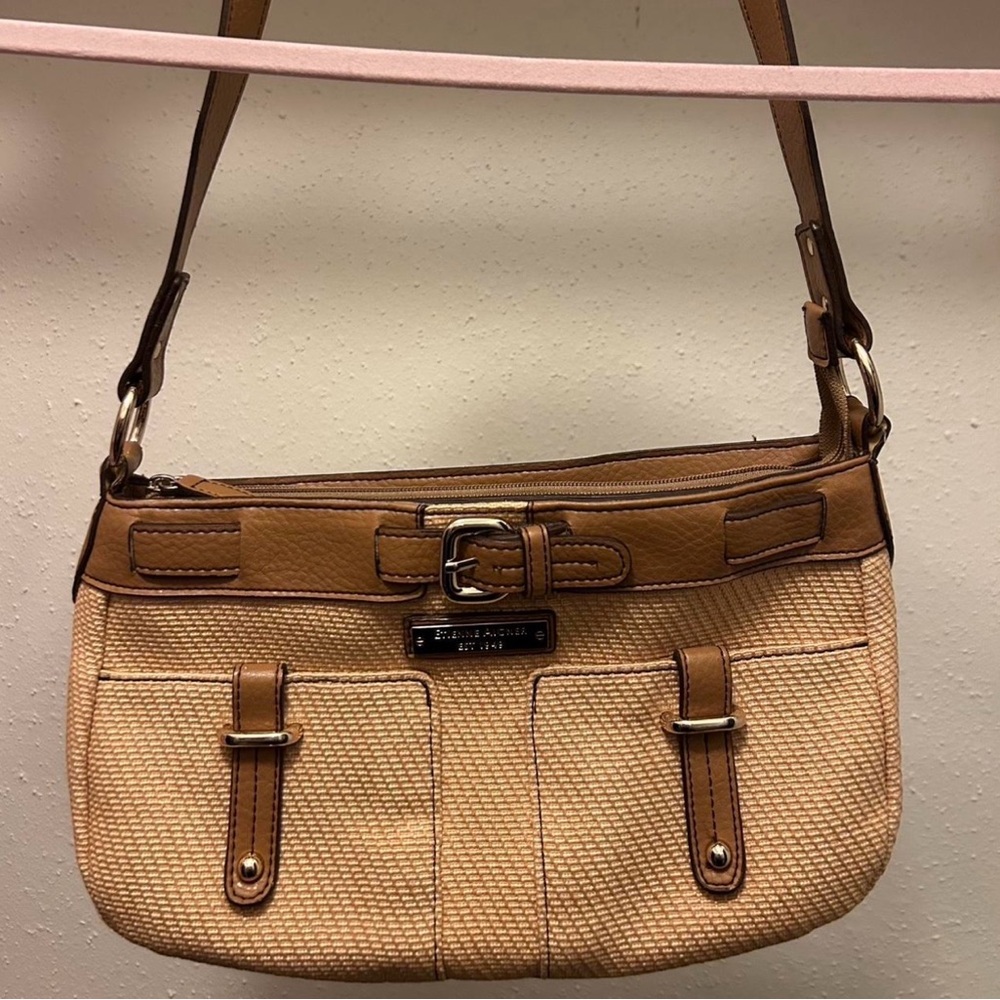 Etienne Aigner Tan Woven Shoulder Bag with Brown Leather Trim